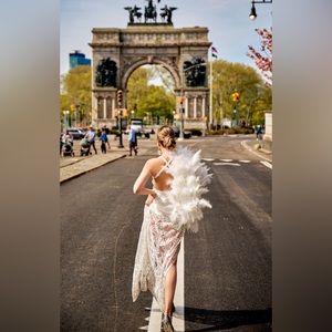 Exclusive Wedding dress, White beaded Wedding gown Wedding dress with feathers,